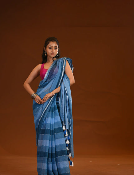 Blue Mulmul Cotton Saree With White Tassels