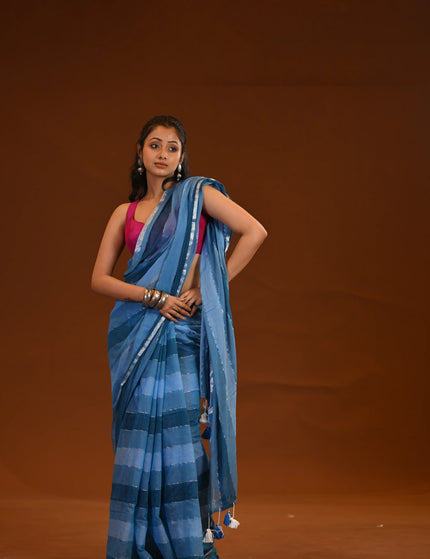 Blue Mulmul Cotton Saree With White Tassels