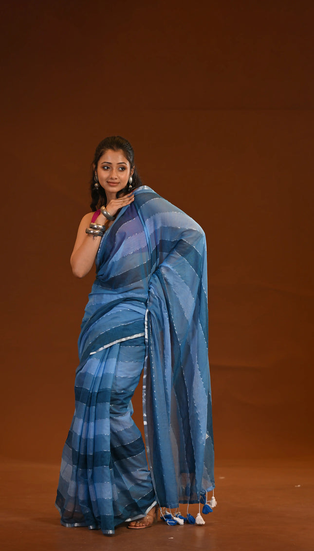 Blue Mulmul Cotton Saree With White Tassels