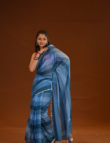 Blue Mulmul Cotton Saree With White Tassels