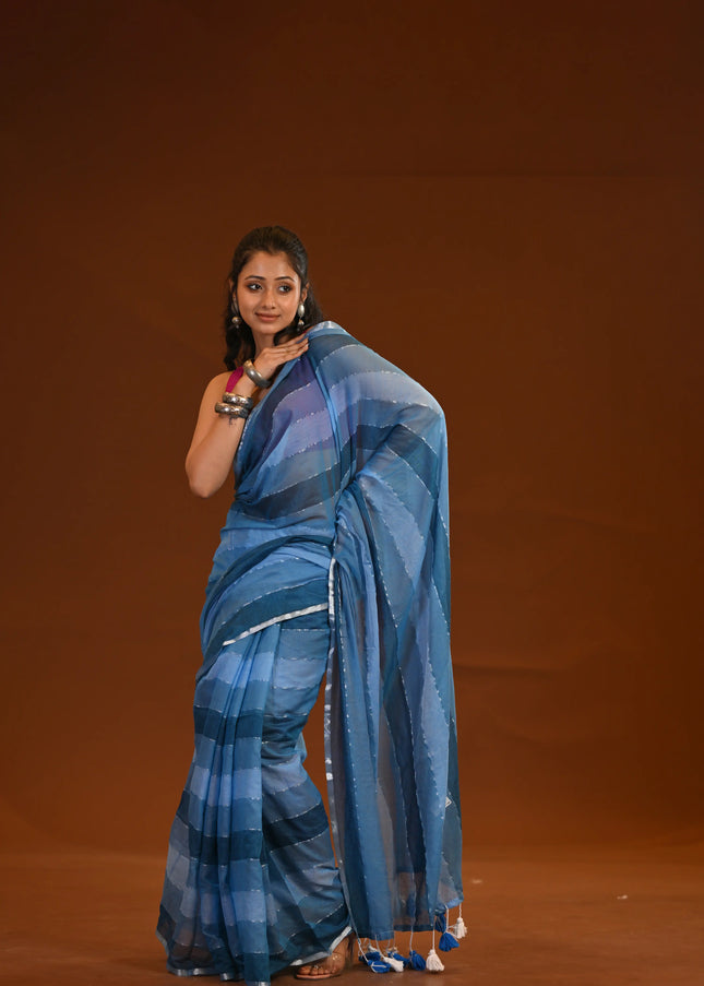 Blue Mulmul Cotton Saree With White Tassels