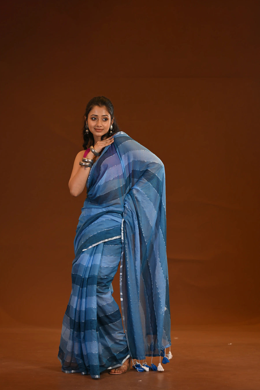 Blue Mulmul Cotton Saree With White Tassels