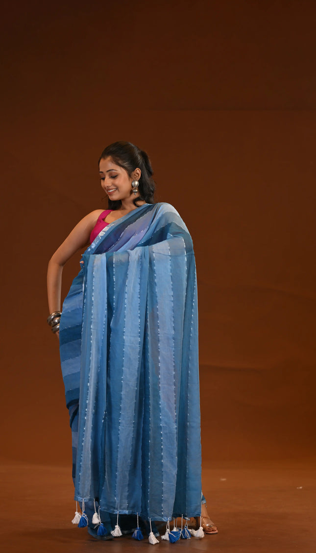 Blue Mulmul Cotton Saree With White Tassels