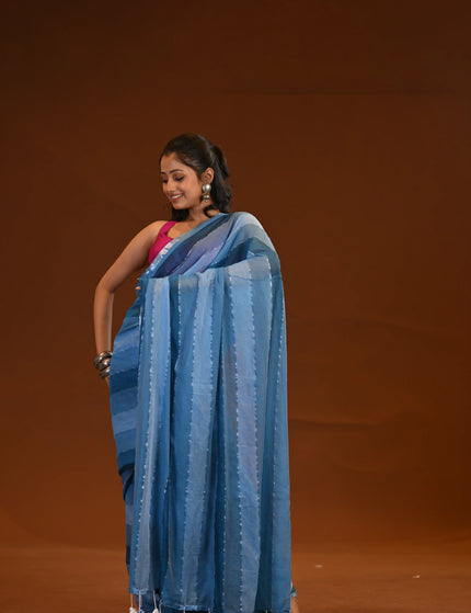 Blue Mulmul Cotton Saree With White Tassels