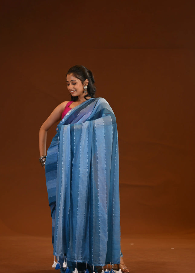 Blue Mulmul Cotton Saree With White Tassels