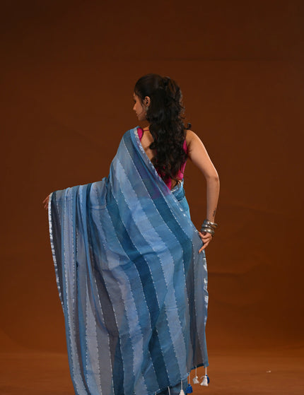 Blue Mulmul Cotton Saree With White Tassels
