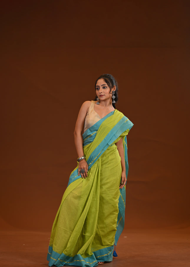 Lime Green Mulmul Cotton Saree For Casual Wear