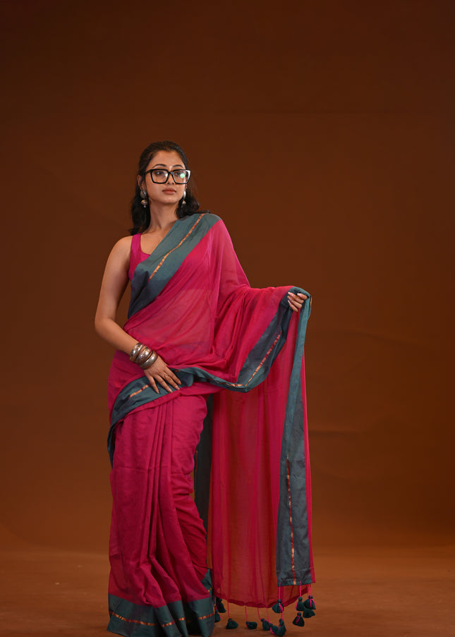 Magenta Mulmul Cotton Saree Teal Border & Tassels