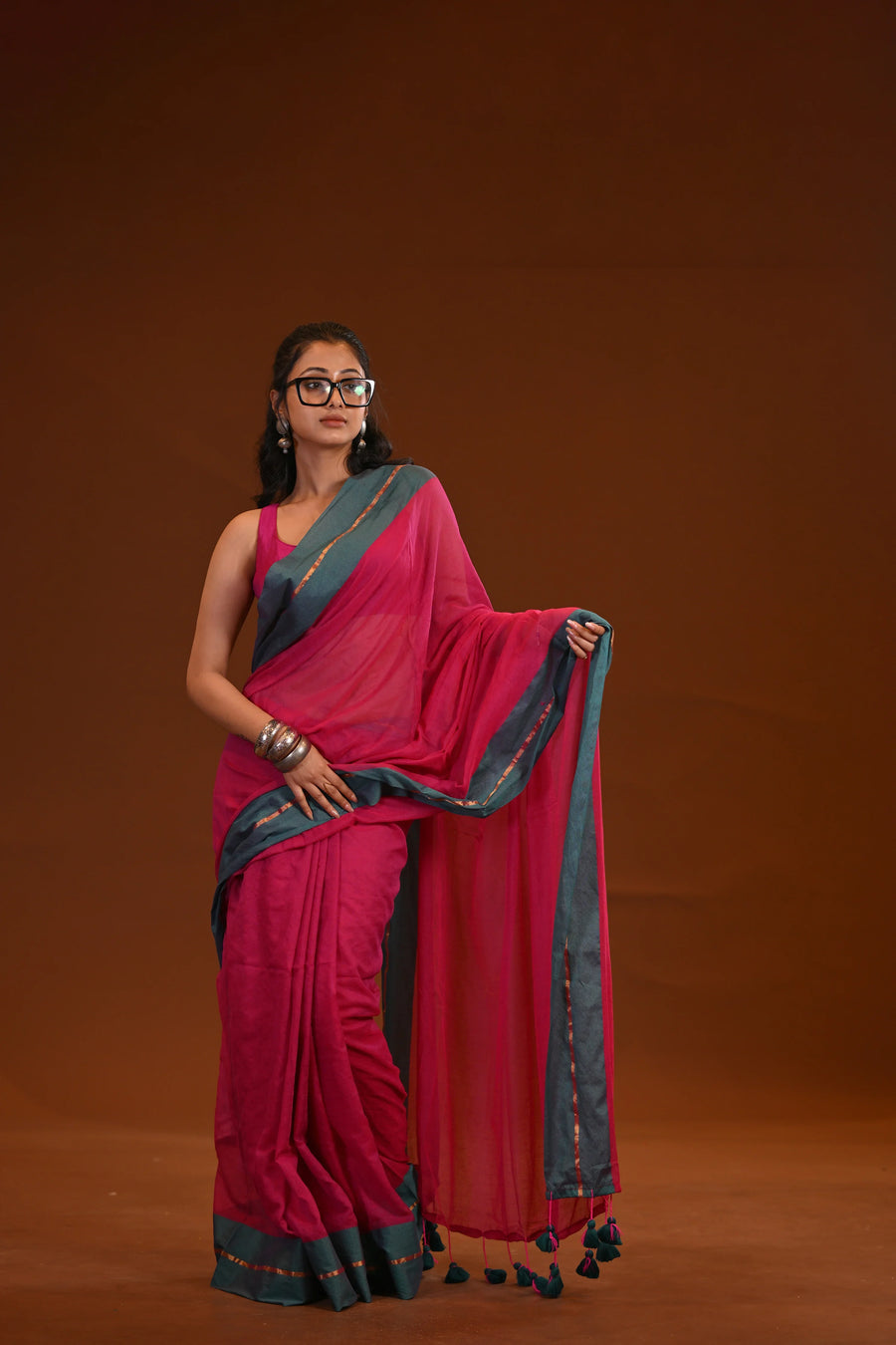 Magenta Mulmul Cotton Saree Teal Border