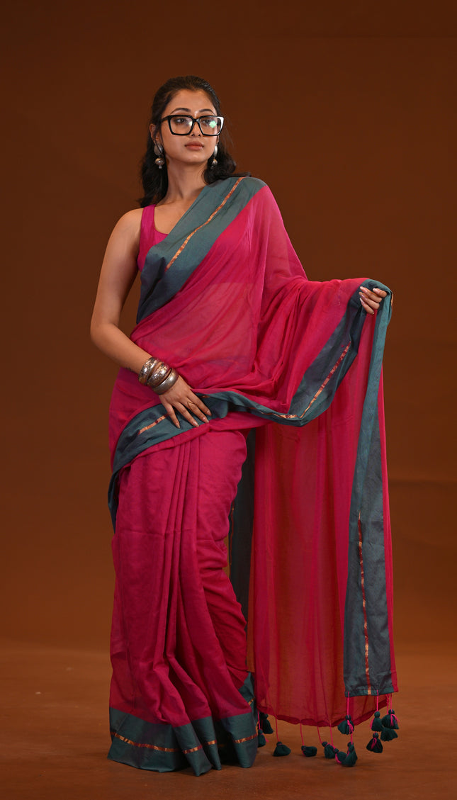 Magenta Mulmul Cotton Saree Teal Border