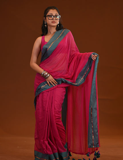 Magenta Mulmul Cotton Saree Teal Border