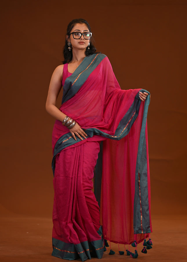 Magenta Mulmul Cotton Saree Teal Border