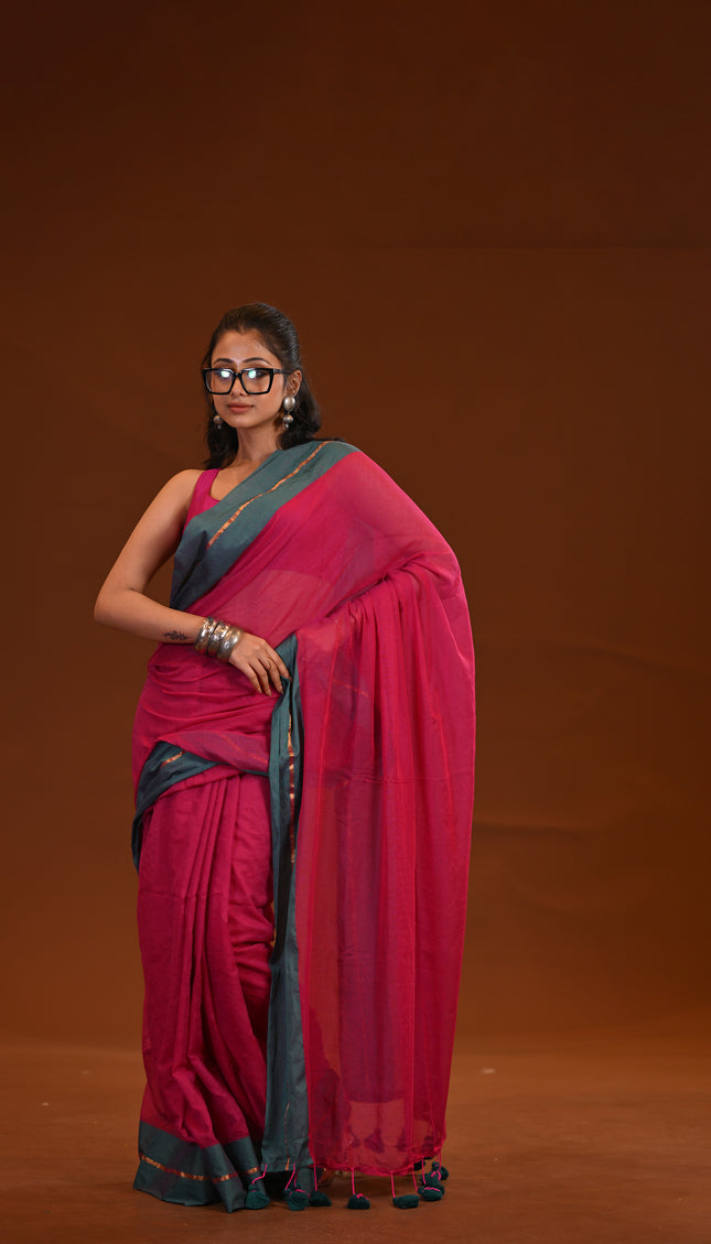 Magenta Mulmul Cotton Saree Teal Border