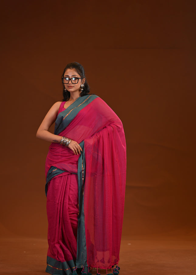 Magenta Mulmul Cotton Saree Teal Border