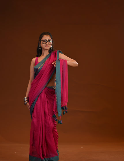 Magenta Mulmul Cotton Saree Teal Border