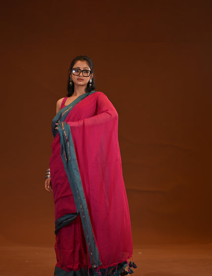 Magenta Mulmul Cotton Saree Teal Border