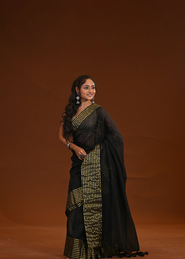 Black Mulmul Cotton Saree With Zari