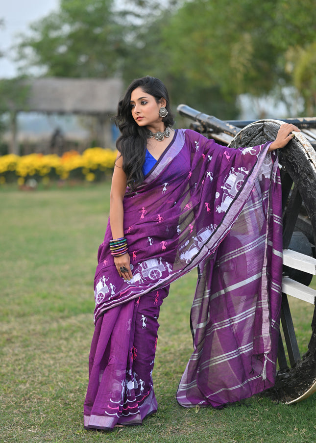 Violet Gorur Gari Handloom Saree With Folk Print | KalamKantha