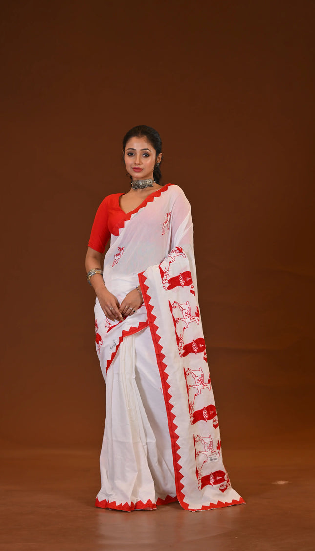 Khadi Cotton Sakuntala Saree With Red Border