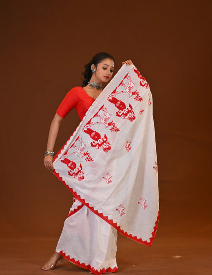 Khadi Cotton Sakuntala Saree With Red Border