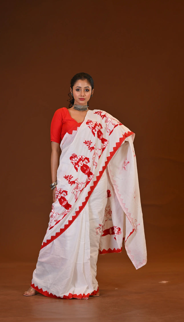 Khadi Cotton Sakuntala Saree With Red Border