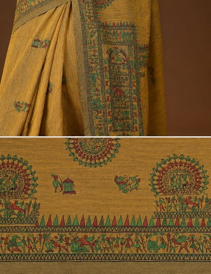Mustard Khadi Madhubani Print Saree — Multicolour Folk Art Handloom | Handcrafted saree | KalamKantha