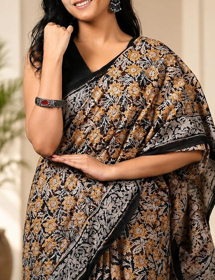 Beige & Navy Kalamkari All-Over Block Print Cotton Saree | Handcrafted saree | KalamKantha