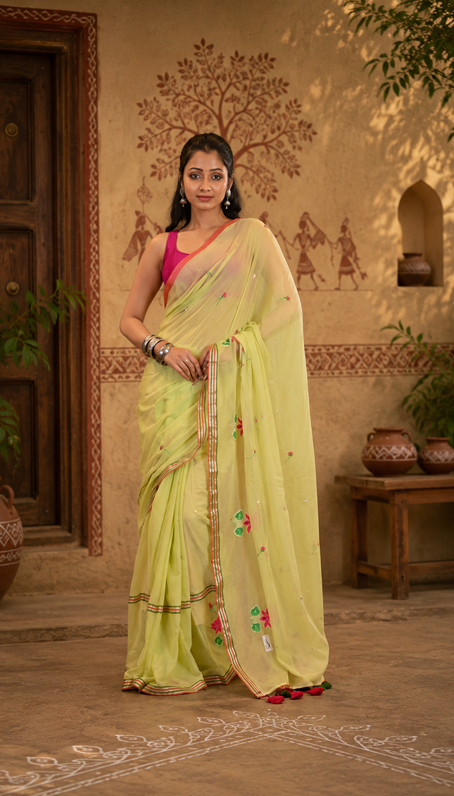 Lime Green Mulmul Cotton Saree — Lotus Hand Painted | Handcrafted saree | KalamKantha