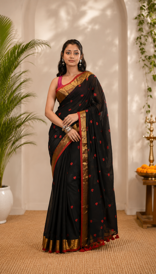 Black Love Khadi Cotton Saree — Red Hearts & Gold Zari | Handcrafted saree | KalamKantha