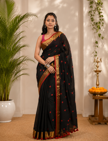 Black Love Khadi Cotton Saree — Red Hearts & Gold Zari | Handcrafted saree | KalamKantha