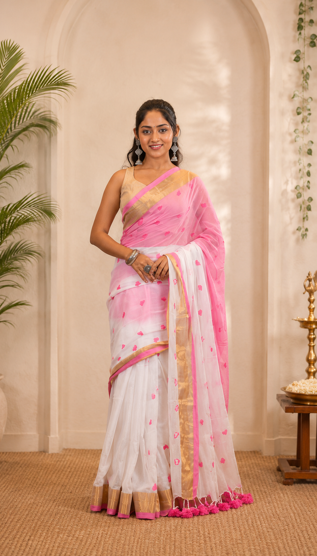 White Love Khadi Cotton Saree — Pink Heart Motifs & Gold Zari | Handcrafted saree | KalamKantha