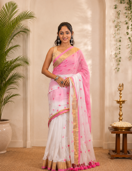 White Love Khadi Cotton Saree — Pink Heart Motifs & Gold Zari | Handcrafted saree | KalamKantha