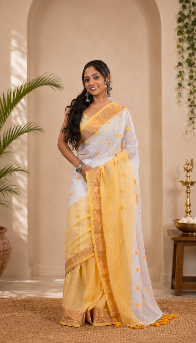 Two Toned Mulmul Cotton Saree — Gold Border & Hearts | Handcrafted saree | KalamKantha