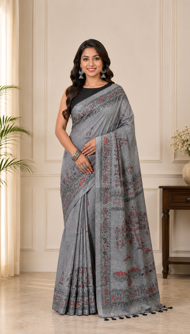 Grey Khadi Tree Print Saree — Handloom Everyday Elegance | Handcrafted saree | KalamKantha