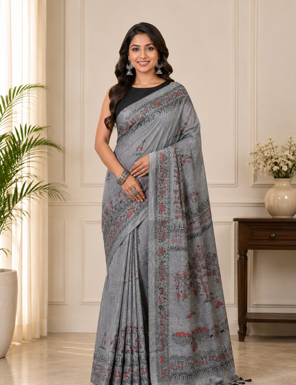 Grey Khadi Tree Print Saree — Handloom Everyday Elegance | Handcrafted saree | KalamKantha