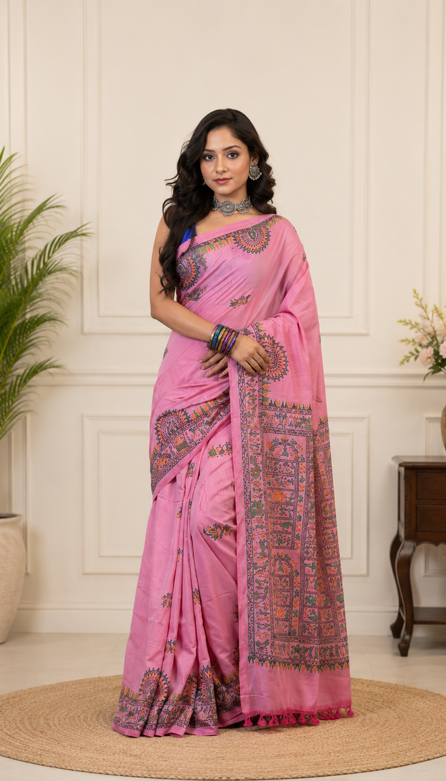 Pink Khadi Madhubani Saree — Multicolour Folk Art | Handcrafted saree | KalamKantha