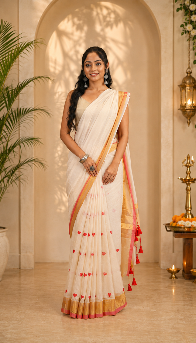Off-White Love Khadi Cotton Saree — Red Hearts & Gold Zari | Handcrafted saree | KalamKantha