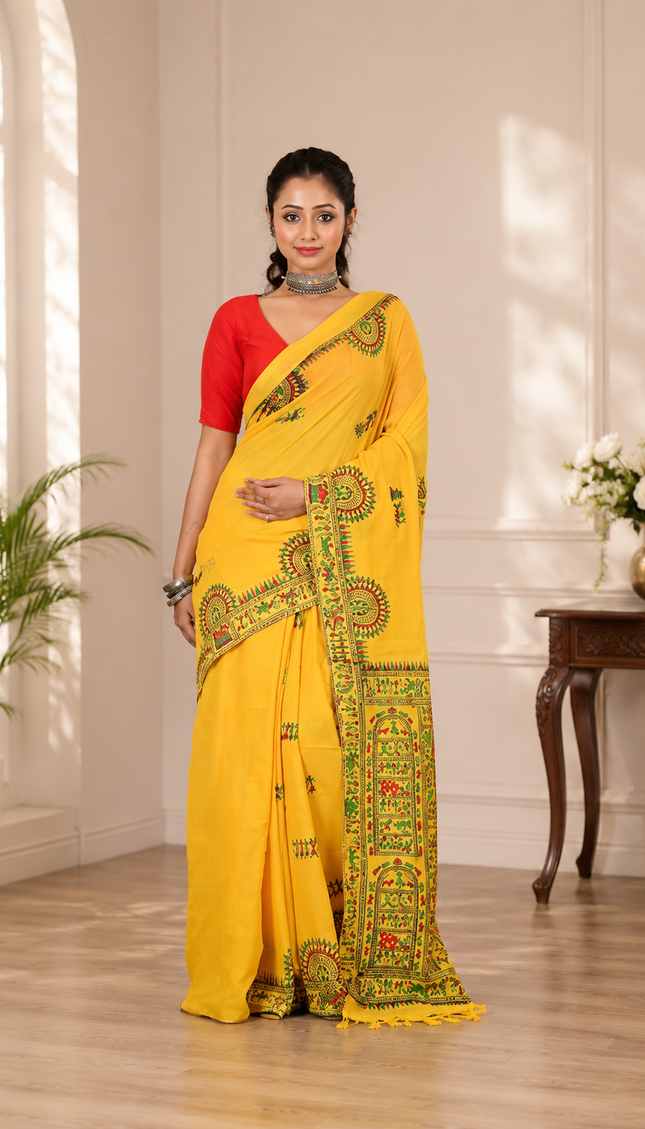 Traditional Yellow Khadi Saree | Madhubani Print | Handcrafted saree | KalamKantha