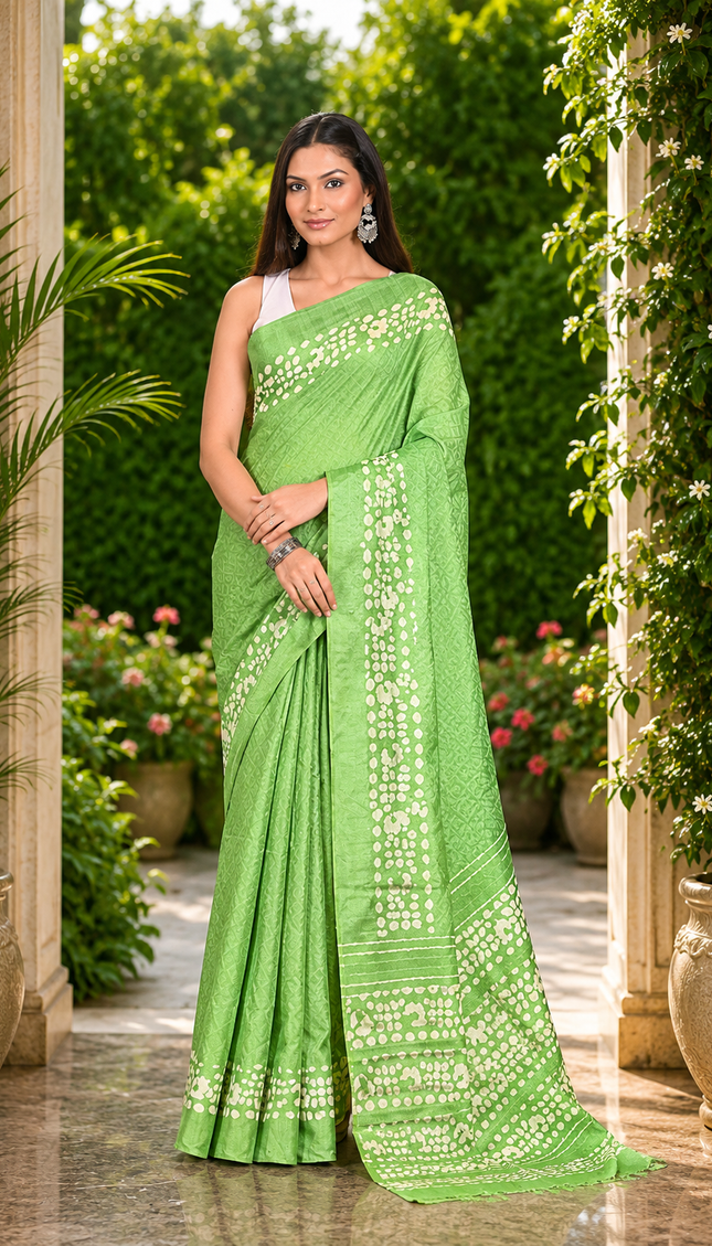 Woman wearing a pea green Kantha Batik saree with cream buti motifs and patterned border, standing in a sunlit garden courtyard.