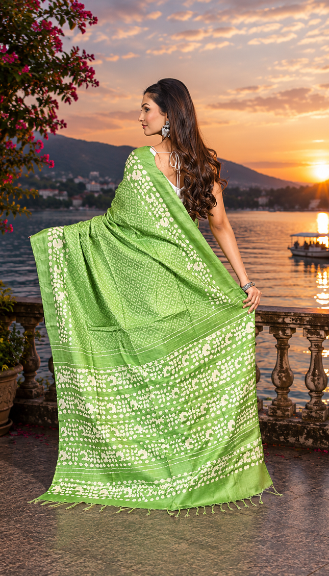 Back view of a woman displaying a pea green Kantha Batik saree with cream buti motifs and patterned border beside a lake at sunset.