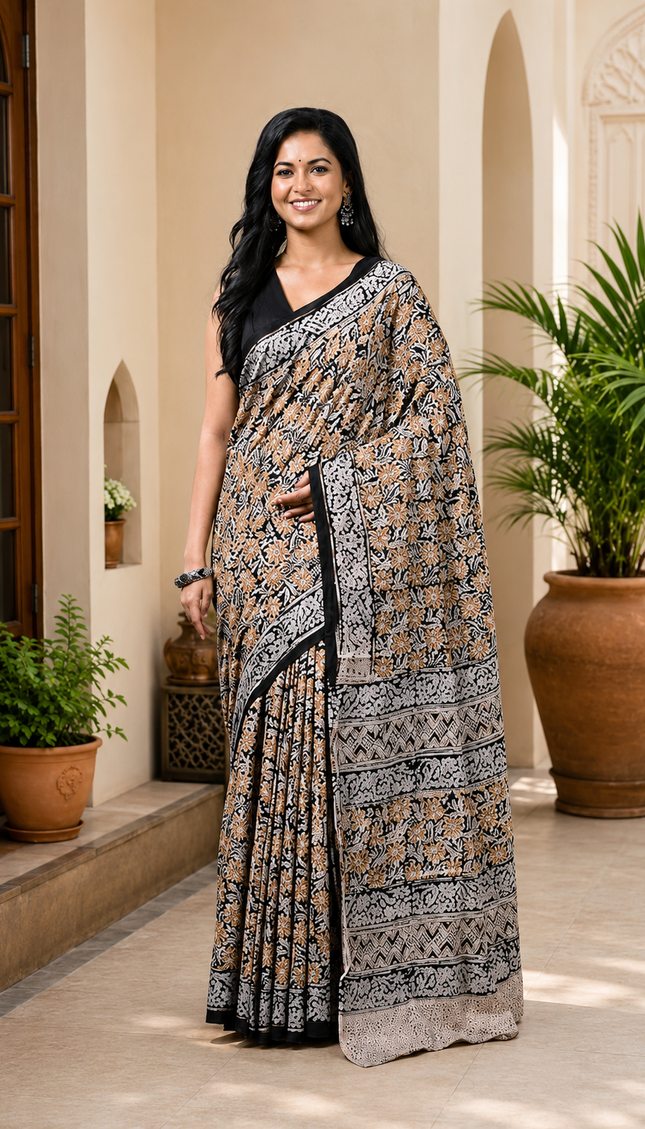 Beige & Navy Kalamkari All-Over Block Print Cotton Saree | Handcrafted saree | KalamKantha