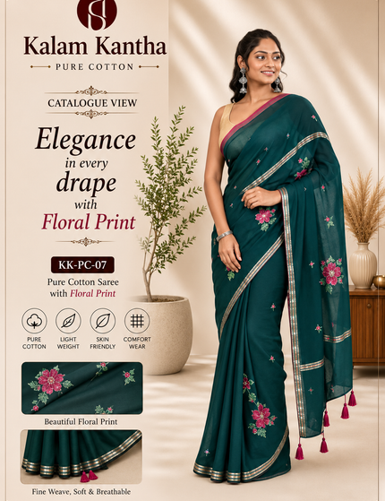 Bottle Green Handloom Cotton Saree — Lotus Hand Painted | Handcrafted saree | KalamKantha