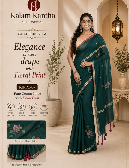 Bottle Green Handloom Cotton Saree — Lotus Hand Painted | Handcrafted saree | KalamKantha