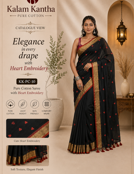 Black Love Khadi Cotton Saree — Red Hearts & Gold Zari | Handcrafted saree | KalamKantha