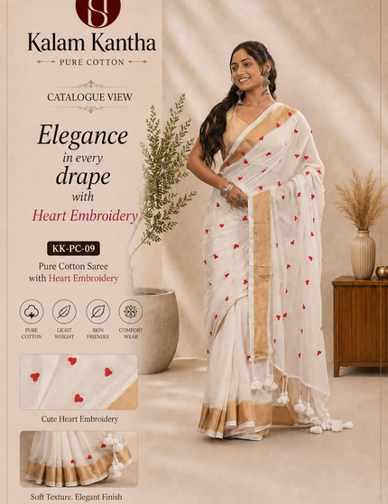Off-White Love Khadi Cotton Saree — Red Heart Motifs | Handcrafted saree | KalamKantha