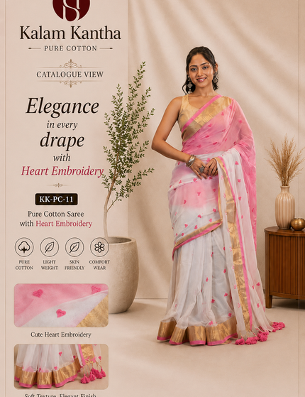 White Love Khadi Cotton Saree — Pink Heart Motifs & Gold Zari | Handcrafted saree | KalamKantha