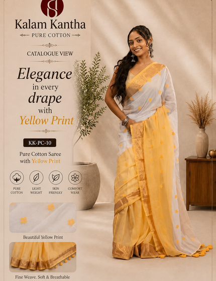 Two Toned Mulmul Cotton Saree — Gold Border & Hearts | Handcrafted saree | KalamKantha