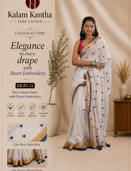 White Love Khadi Saree - Black Heart Motifs & Gold Zari | Handcrafted saree | KalamKantha