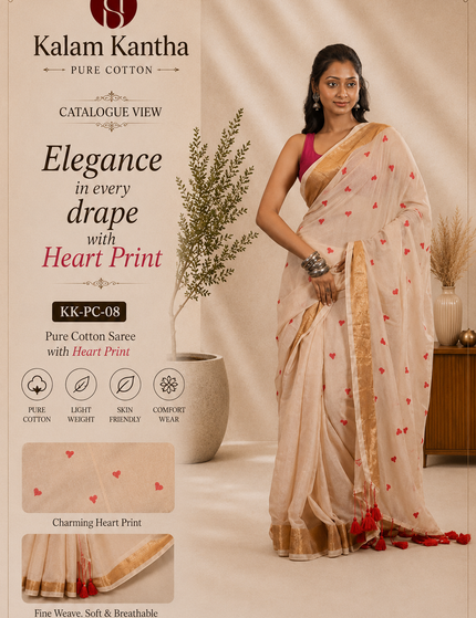 Off-White Love Khadi Cotton Saree — Red Tassels | Handcrafted saree | KalamKantha