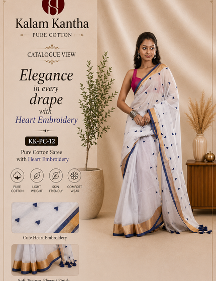 White Mulmul Cotton Saree — Violet Hearts & Gold Zari | Handcrafted saree | KalamKantha